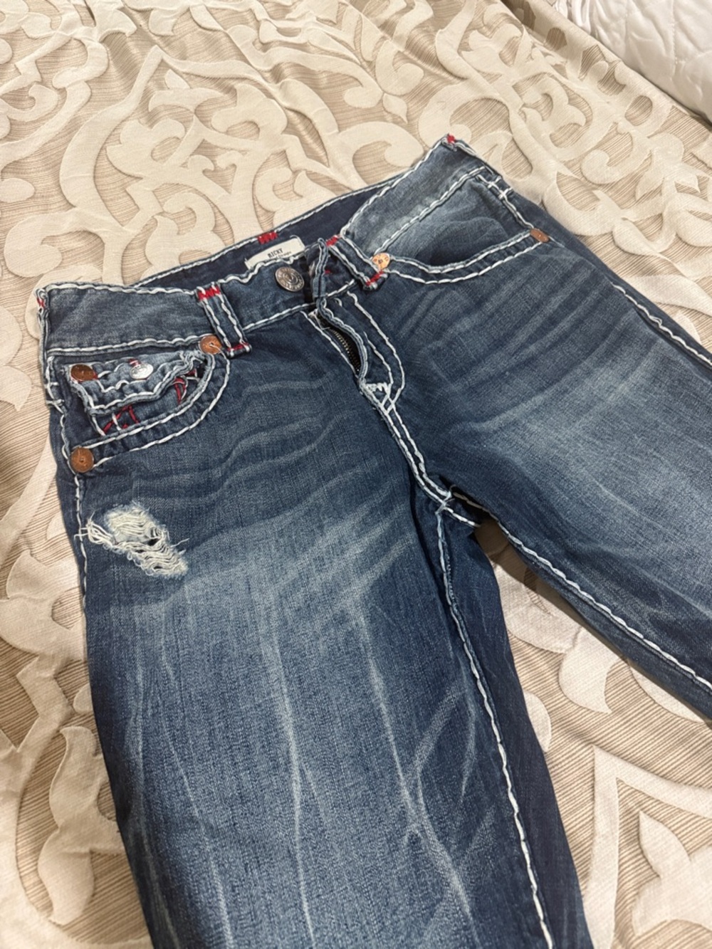 True Religion Men's Straight Jeans in Dark Blue with White Contrast Stitching